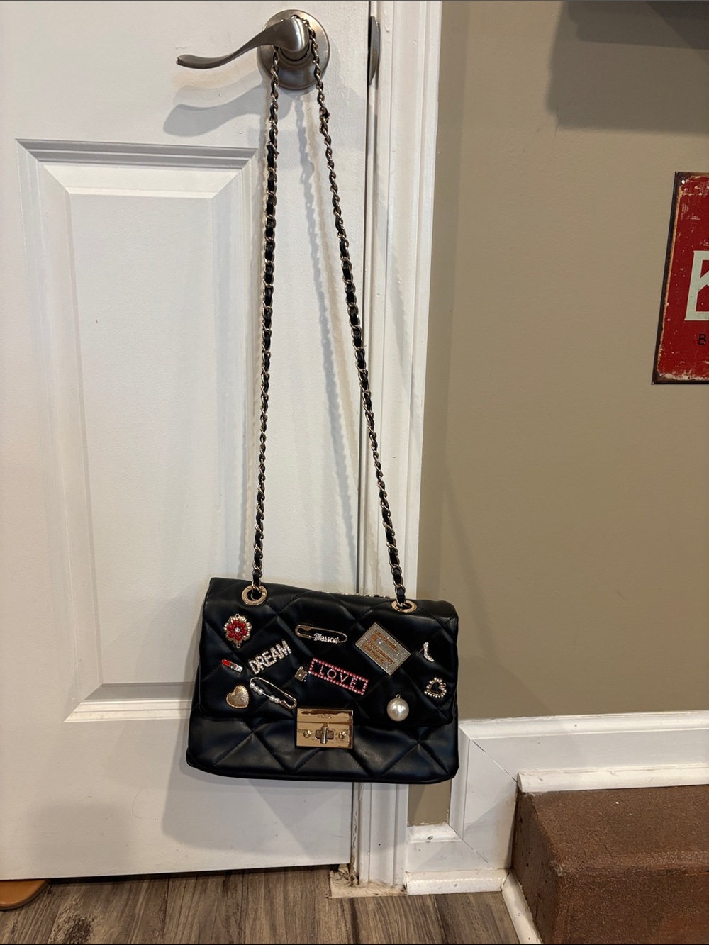 Aldo Black Quilted Shoulder Bag with Decorative Pins and Chain Strap